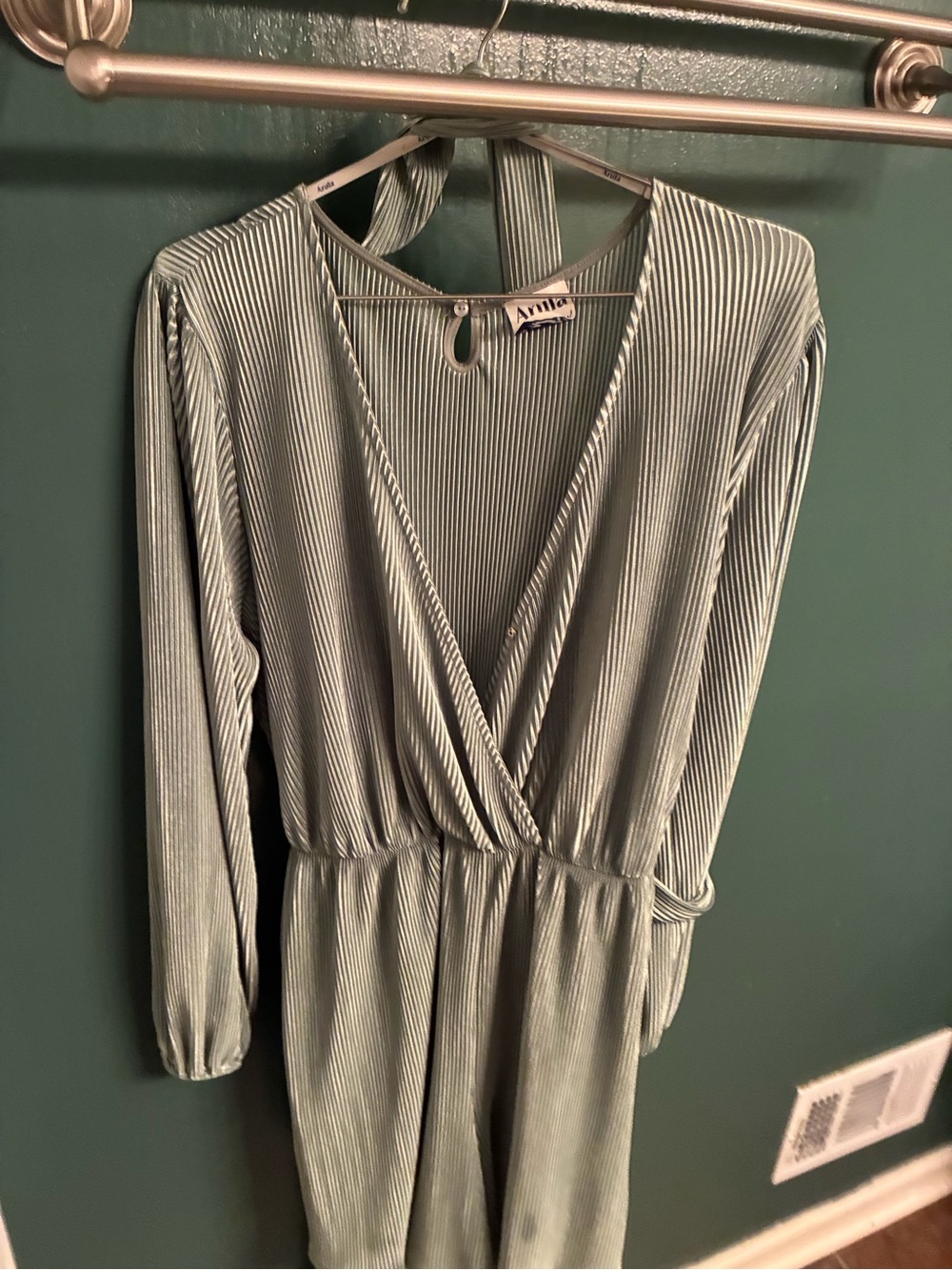 ARULA Sage Green Ribbed Wrap-Front Romper